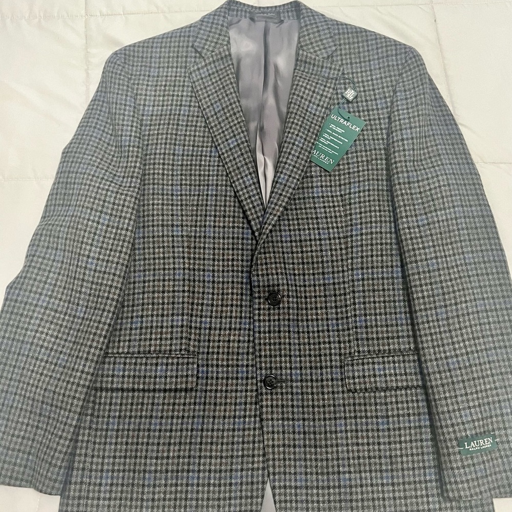 Ralph Lauren 42 Long Blue & gray plaid wool blazer
